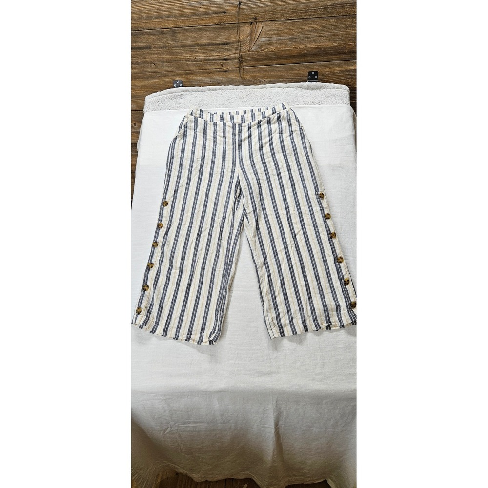 Cato Womens Striped Wide Leg Crop Pants Blue Yellow Elastic Waist Size M